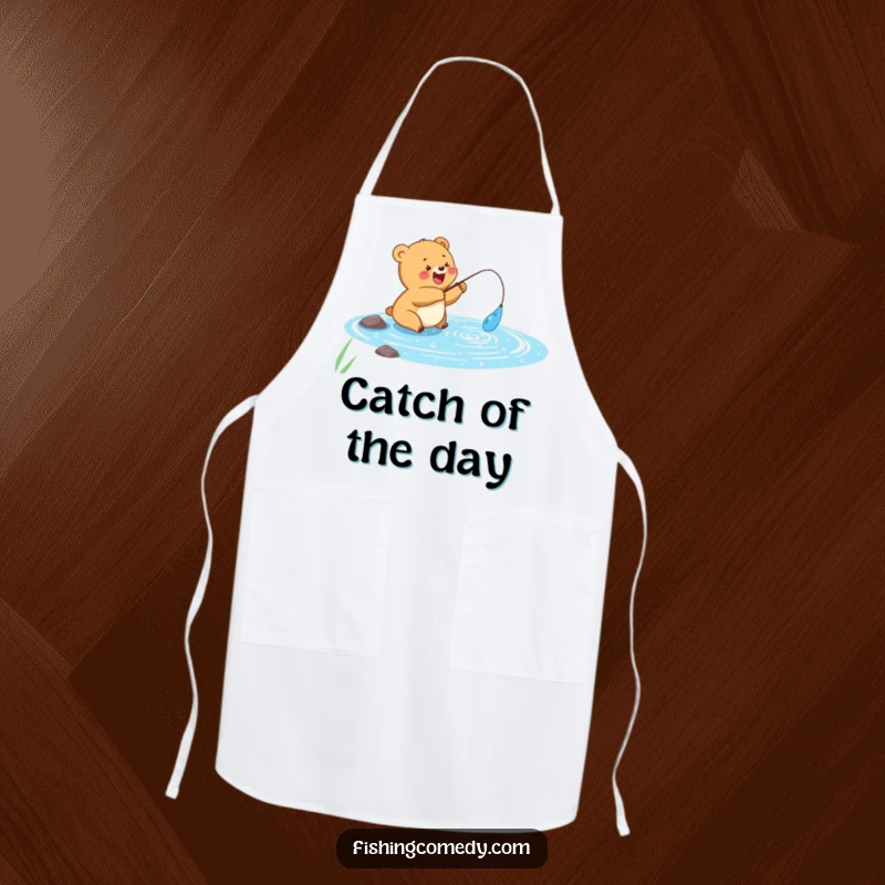 Funny apron with a happy bear cub fishing in a sparkly blue lake, perfect for outdoor cooking fun, funny gift.