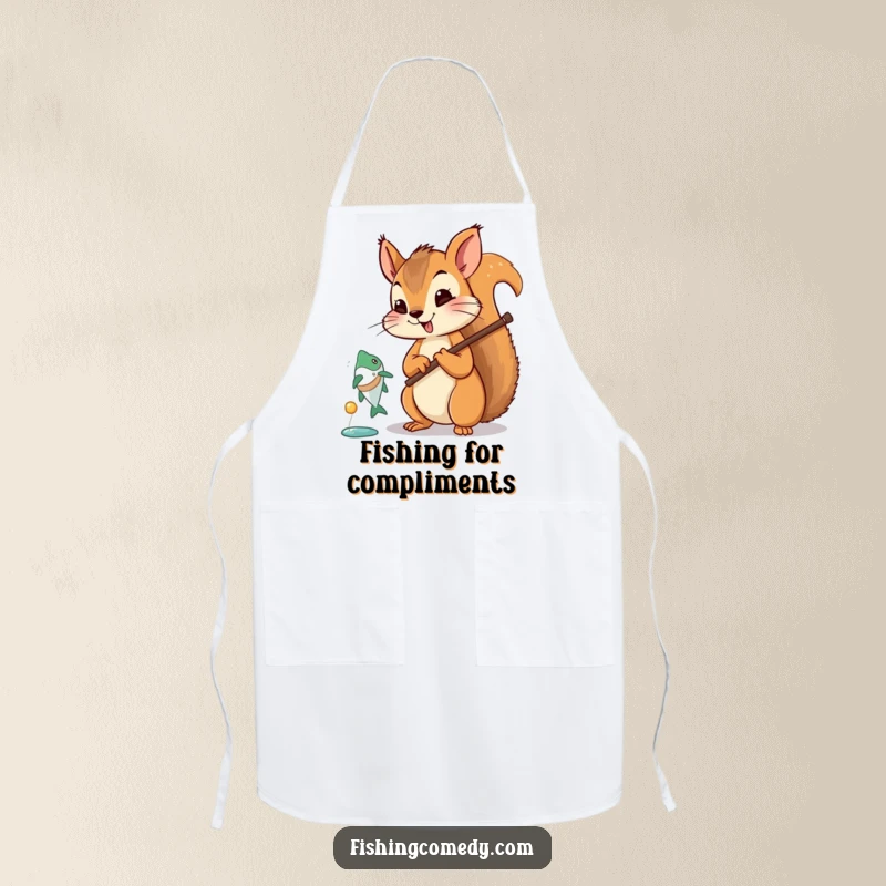 Funny squirrel fishing apron, cartoon chef, humorous kitchen wear, enthusiastic angler, practical funny gift.