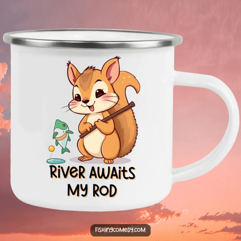 Funny squirrel fishing camping mug, durable enamel cup, cartoon angler, humorous outdoor gear, nature lover.