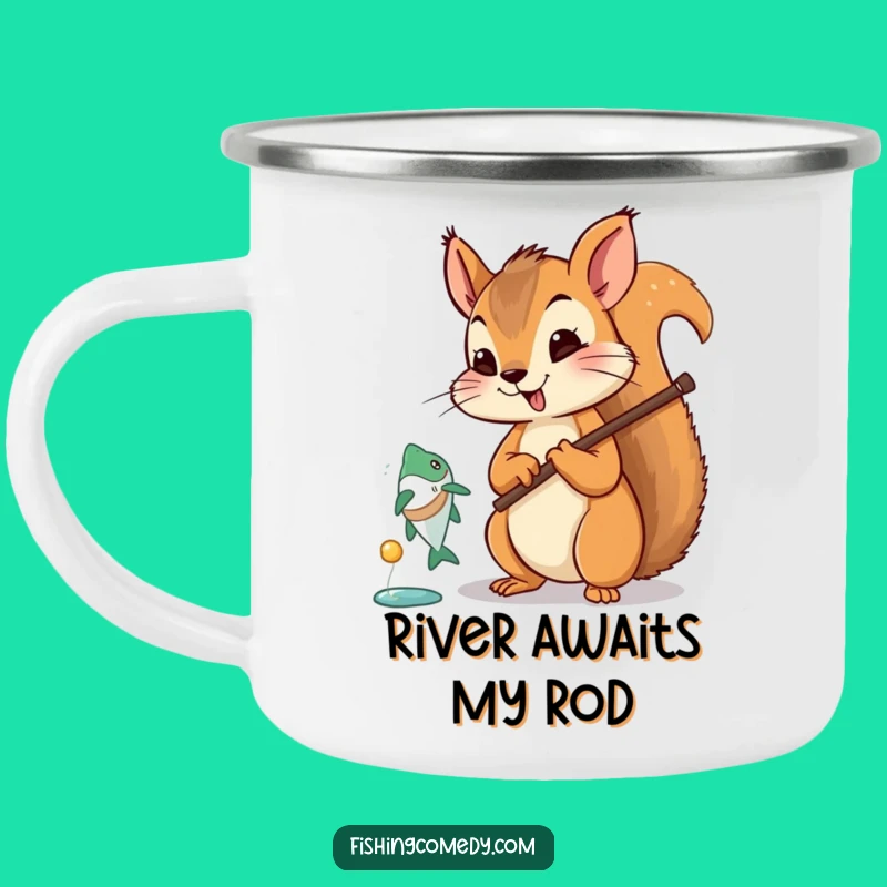 Funny Squirrel Fishing Camping Mug: Rugged Angler Enamel Cup, Great Outdoor Funny Gift