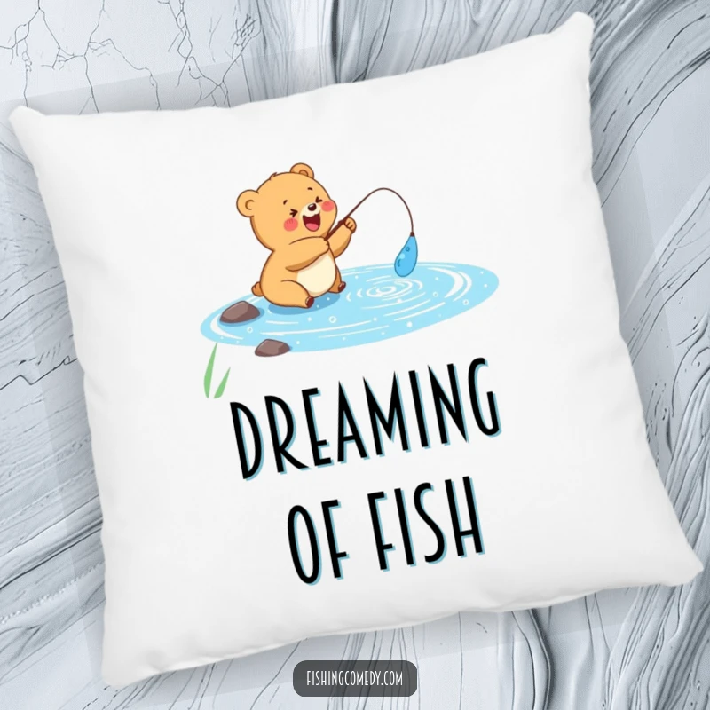 Funny pillow with a happy bear cub fishing in a sparkly blue lake, perfect reading or napping companion, funny gift.