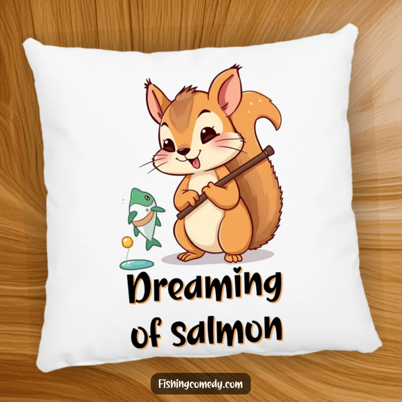 Funny squirrel fishing pillow, soft cushion, cartoon character, humorous home decor, cute animal design.