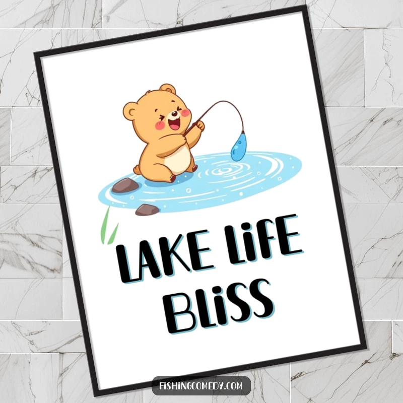 Funny digital art print of a happy bear cub fishing in a sparkly blue lake, instant download, perfect funny gift.
