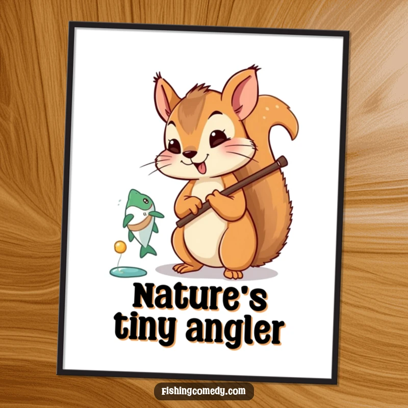 Funny squirrel fishing digital art print, humorous cartoon, angler theme, printable wall decor, instant download.