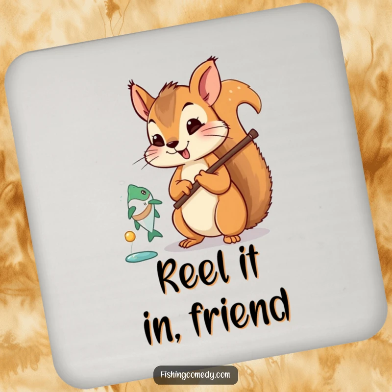 Funny squirrel fishing coasters, protect surfaces, cute cartoon animal, humorous home accessory, set of coasters.