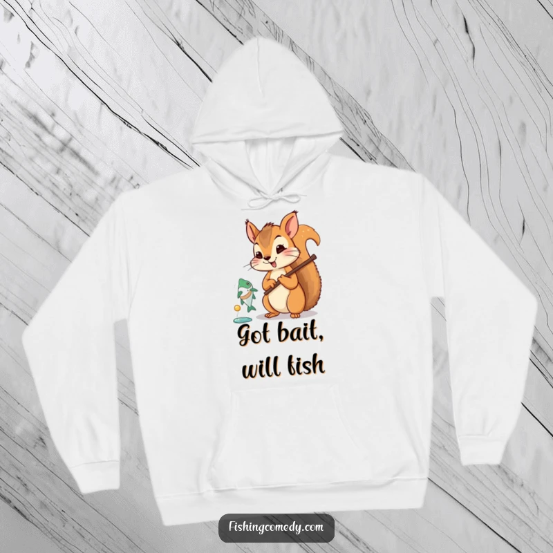 Funny squirrel hoodie, cozy angler with fishing rod, fish leaping, cartoon character, humorous outdoor apparel.