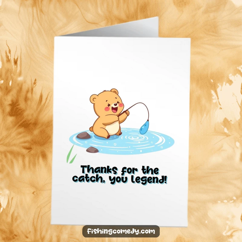 Funny Free Printable Thank You Card of a bear cub fishing, thanking for a wonderful time or support.