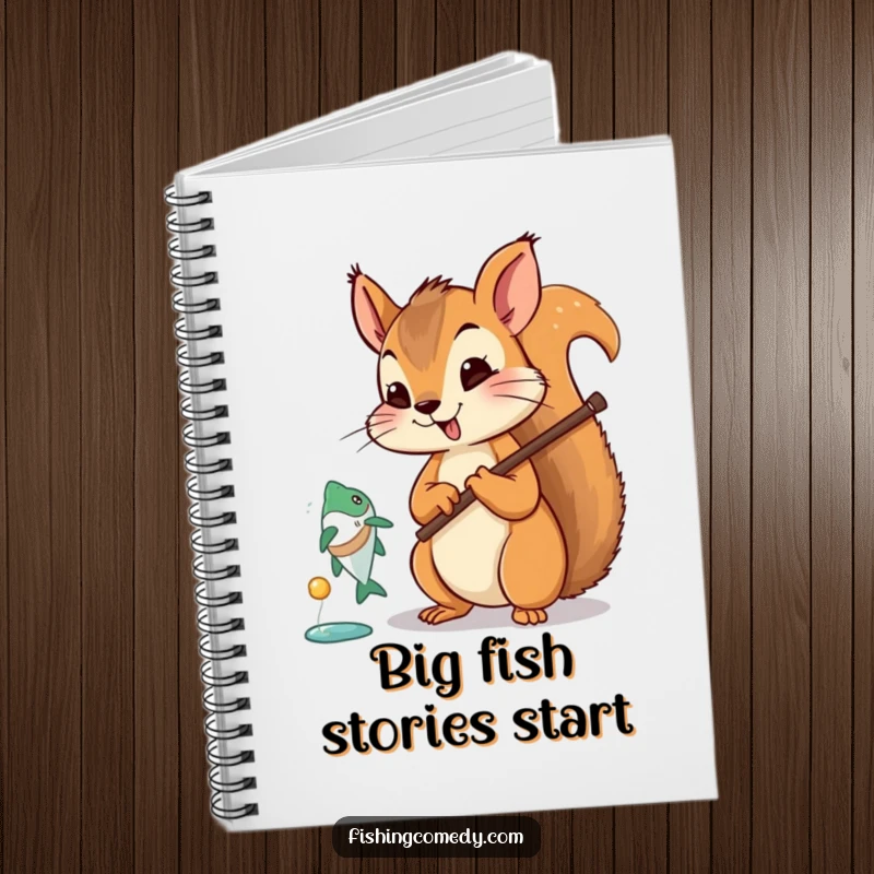 Funny squirrel fishing notebook, cute cartoon character, for jotting notes, humorous stationery, animal art.