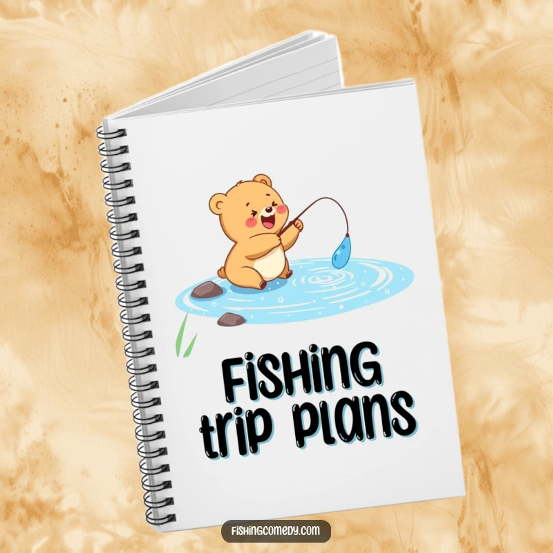 Funny notebook with a happy bear cub fishing in a sparkly blue lake, inspiring outdoor ideas, perfect funny gift.