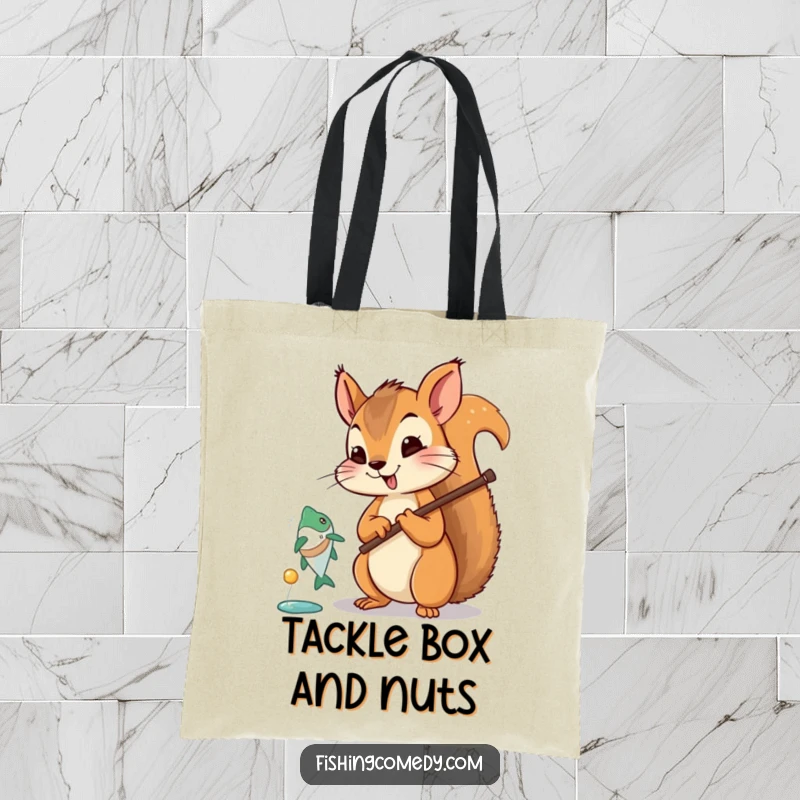 Funny squirrel tote bag, enthusiastic fishing, fish jumping, whimsical cartoon, eco-friendly humorous accessory.